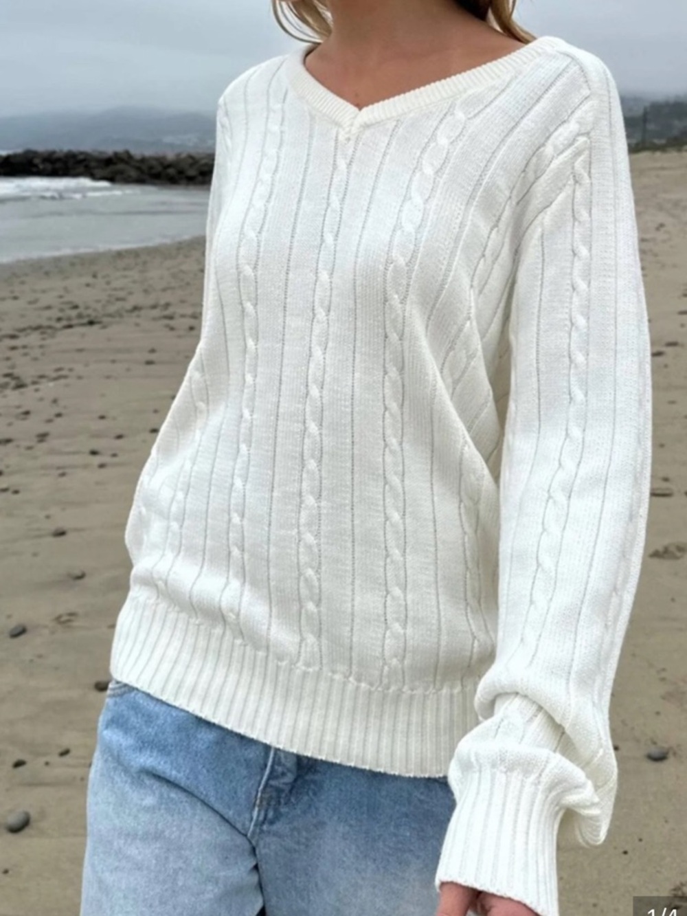 Brandy Melville White Cable-Knit V-Neck Sweater